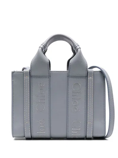 Chloé Woody Leather Mini Tote In Clear Blue