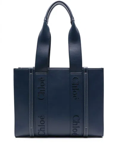 Chloé Woody Medium Leather Tote In Blue