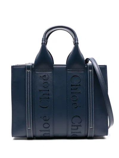 Chloé Woody Small Leather Tote In Blue
