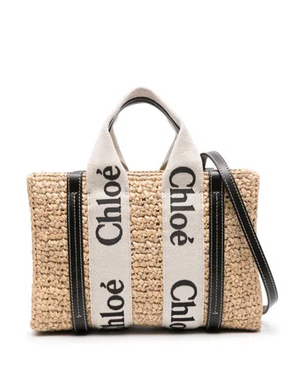 Chloé Woody Small Tote With Strap In Beige