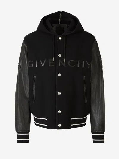 Givenchy Logo Bomber Jacket In Grained Calfskin Sleeves With Embossed 4g Emblems