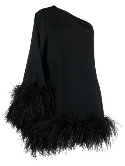 Taller Marmo Piccolo Ubud One-shoulder Feather-trimmed Crepe Mini Dress In Black