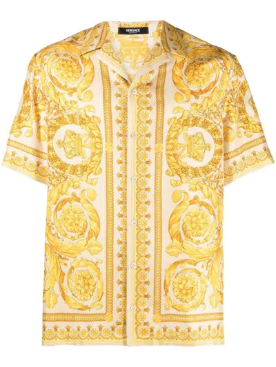 Versace Barocco Print Silk Shirt In Golden