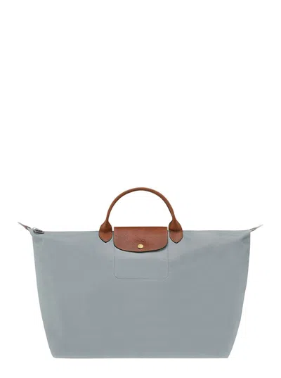 Longchamp 'le Pliage Original' Grey Tote Bag With Embossed Logo And Leather Trim In Canvas Woman