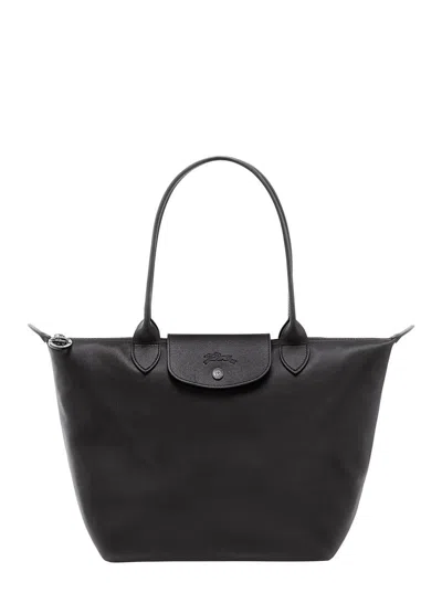 Longchamp 'le Pliage Xtra M' Black Tote Bag With Embossed Logo In Leather Woman