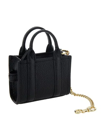 Marc Jacobs 'the Nano Tote Bag' Black Key-chain With Embossed Logo In Hammered Leather Woman
