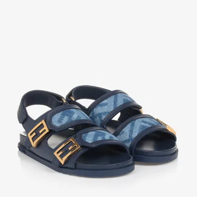 Fendi Blue Leather Ff Velcro Sandals