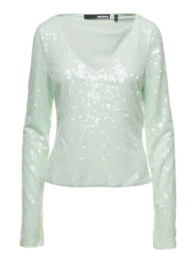 Rotate Birger Christensen Green Long Sleeve Top With All-over Sequins In Recycled Fabric Woman