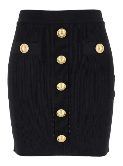 Balmain Hw Buttoned Knit Short Skirt In Black