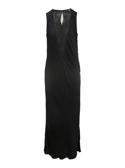 Rotate Birger Christensen Midi Black Dress With Plunging V Neck With Mesh Insert In Viscose Woman