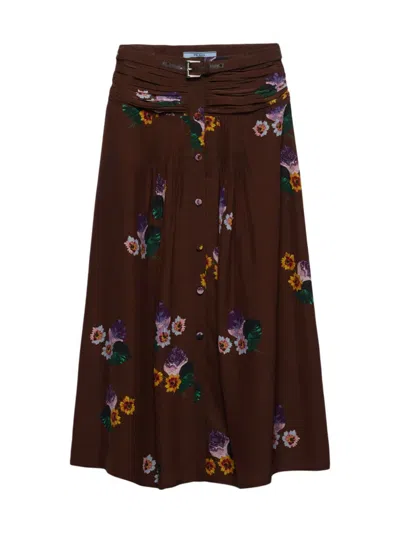 Prada Printed Pongee Midi-skirt In Brown