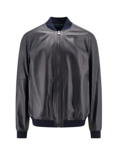 Corneliani Leather Bomber Jacket In Black