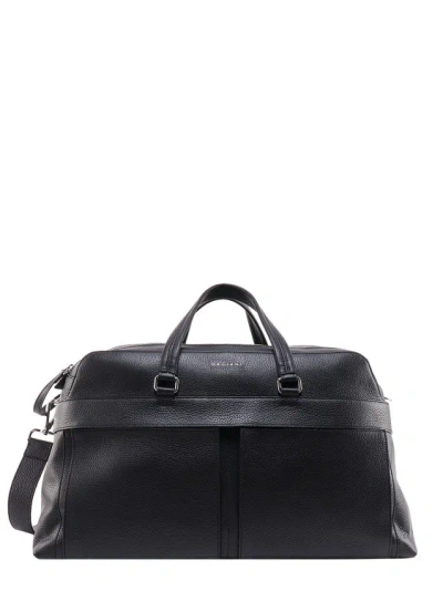 Orciani Leather Duffle Bag With Metal Logo Patch In Black