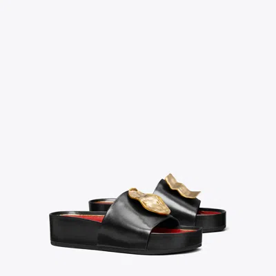 Tory Burch Patos Mismatched Slide In Perfect Black/tory Red/ancient Gold