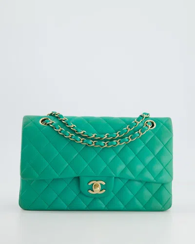 Pre-owned Chanel Emerald Medium Classic Double Flap Bag In Lambskin Leather With Gold Hardware In Green