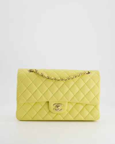 Pre-owned Chanel Sorbet Medium Classic Double Flap Bag In Caviar Leather With Champagne Gold Hardware In Yellow