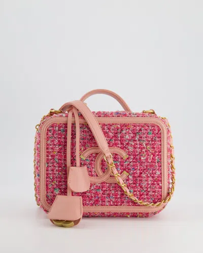 Pre-owned Chanel Medium Cc Filigree Vanity Case Bag In Tweed With Brushed Gold Hardware And Chain Detail In Pink