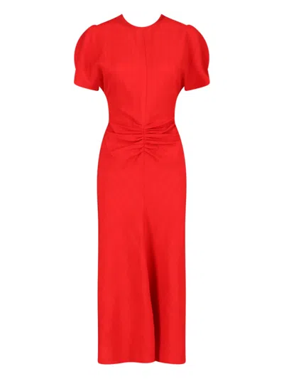 Victoria Beckham Gathered Puff-sleeve Midi Dress In Red
