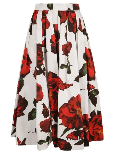 Alexander Mcqueen Pleated Midi Skirt With Tudor Rose Print In Optical White