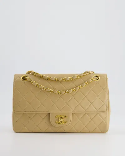 Pre-owned Chanel Vintage Classic Medium Double Flap Bag In Lambskin Leather With 24k Gold Hardware And Stitched Edge In Beige