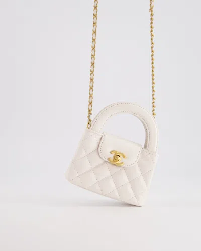 Pre-owned Chanel Mini Shopping Kelly Bag In Calfskin Leather With Brushed Antique Gold Hardwar In White