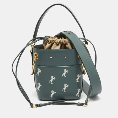 Chloé /beige Leather Mini Roy Horse Embroidered Bucket Bag In Blue