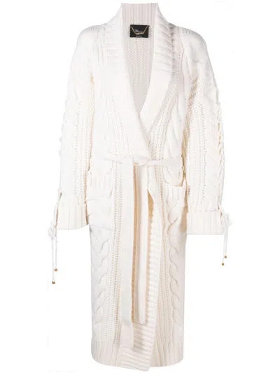 Blumarine Woman Long Coat In White Wool Knit With Stitch Mix In Multi-colored