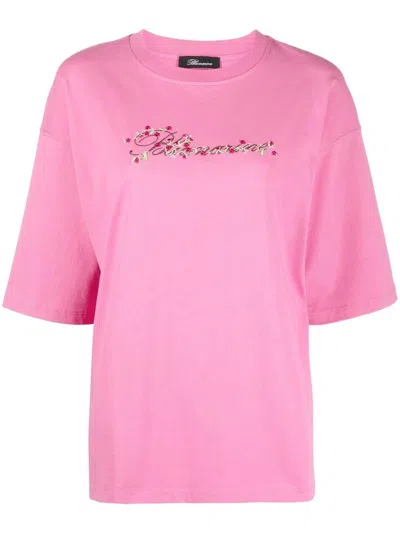 Blumarine Embroidered-logo Detail T-shirt In Pink