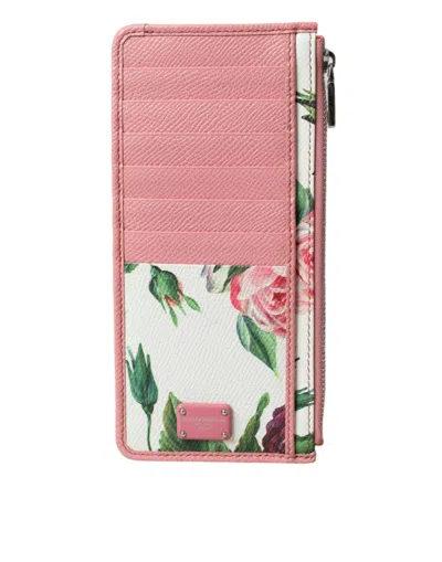 Dolce & Gabbana Pink Floral Leather Dg Logo Zip Card Holder Women Wallet
