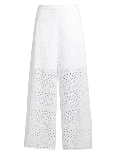 Natori Wide-leg Eyelet-embroidered Cotton Pants In White