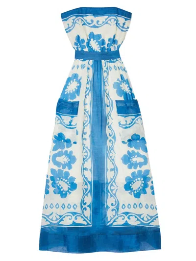 Sandro Floral Strapless Maxi Dress In Bleus