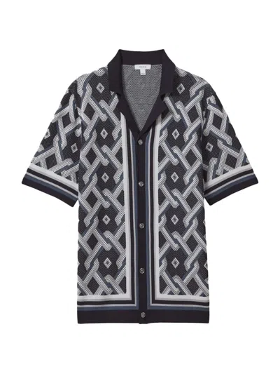 Reiss Hyde Geometric-print Short-sleeve Knitted Shirt In Navy Multi