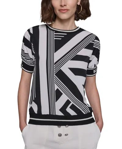 Karl Lagerfeld Women's Geometric-print Mixed-media Sweater In Soft White Black