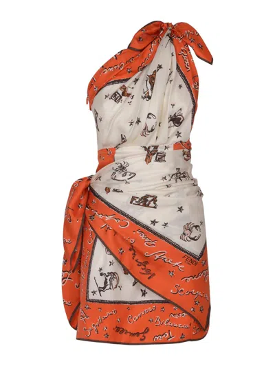 Fendi Mini Dress In Silk With Astrology Motif In White,orange