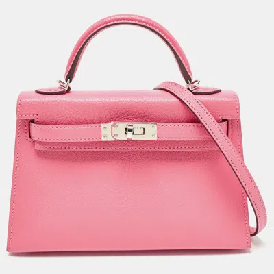 Pre-owned Hermes Hermès Rose Confetti Chevre Mysore Leather Palladium Finish Mini Kelly Ii Sellier 20 Bag In Pink