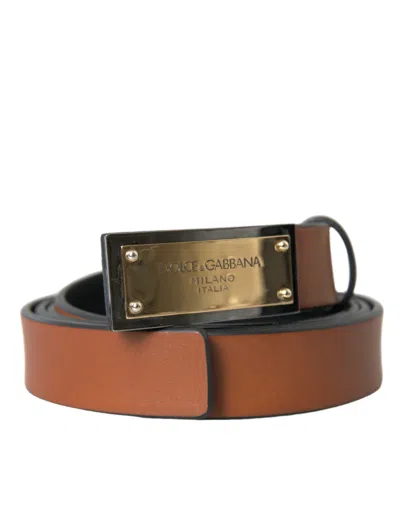 Dolce & Gabbana Brown Calf Leather Metal Logo Buckle Belt Men's Men