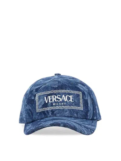 Versace Embroidered Logo Barocco Print Denim Baseball Hat In Blue