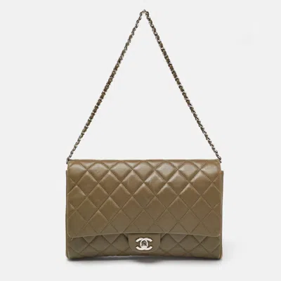 Pre-owned Chanel Olive Quilted Leather Chain Flap Bag In Green