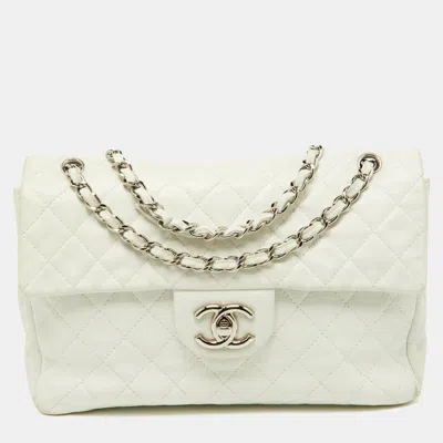 Pre-owned Chanel Offquilted Caviar Leather Maxi Classic Single Flap Bag In White