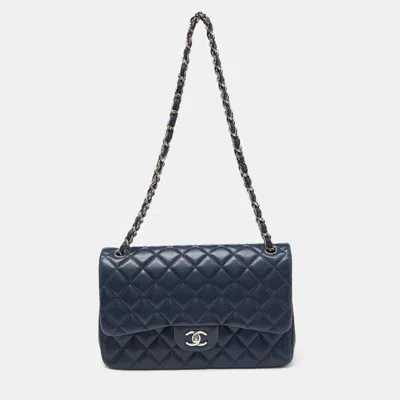 Pre-owned Chanel Quilted Caviar Leather Jumbo Classic Double Flap Bag In Blue
