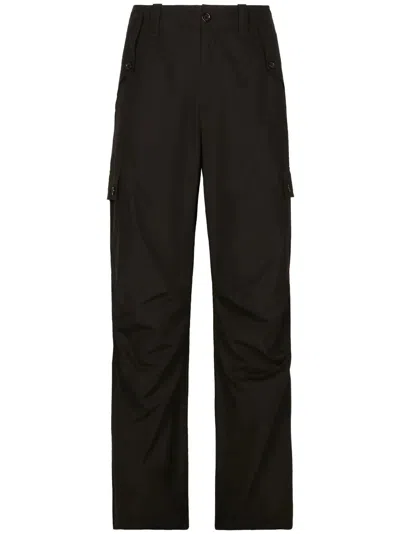 Dolce & Gabbana Logo Plaque Cotton Poplin Cargo Pants In Black