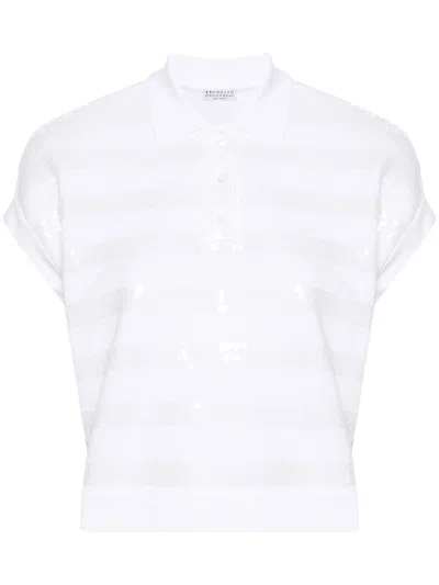 Brunello Cucinelli Cotton Polo Shirt Embellished With Sequins In White