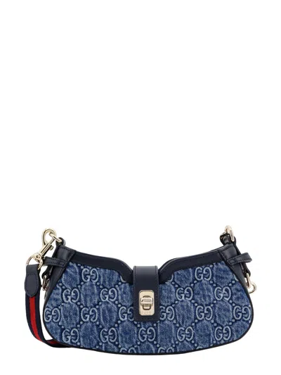 Gucci Denim And Leather Shoulder Bag With All-over Gg Motif In Blue