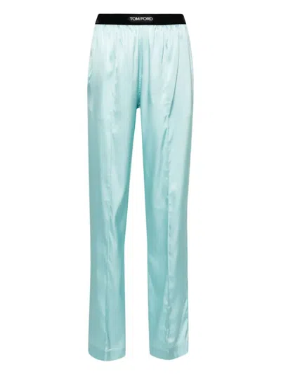 Tom Ford Pleated Satin Pajama Pants In Blue