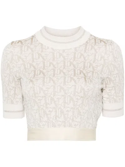 Palm Angels Monogram-jacquard Knitted Crop Top In Beige