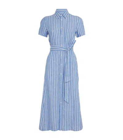 Polo Ralph Lauren Linen Belted Striped Shirt Dress In Blue