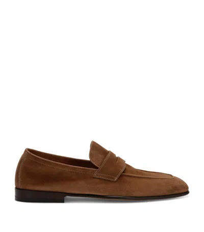Brunello Cucinelli Penny-slot Suede Loafers In Neutrals
