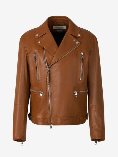 Alexander Mcqueen Zip-up Leather Biker Jacket In Silver Metallic Details