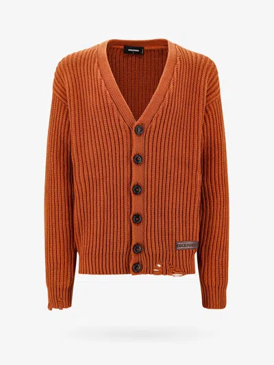 Dsquared2 Cotton Blend Cardigan With Ribbed Motif In Orange