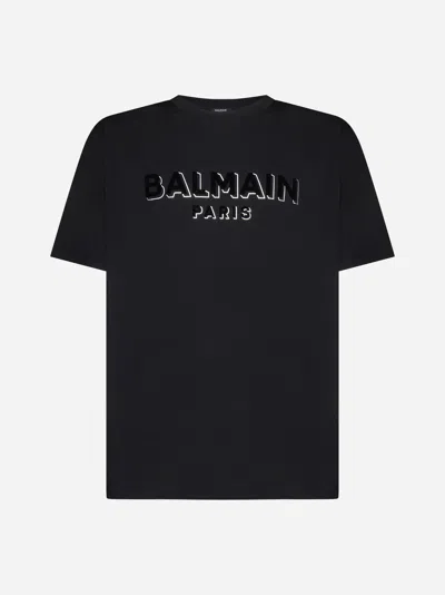 Balmain Flocked-logo Cotton T-shirt In Black